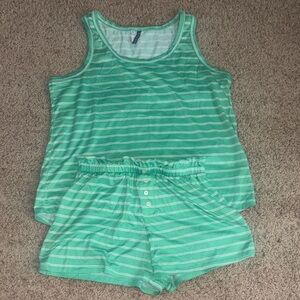 EUC Green Striped Tank Top and Shorts Pajama Set